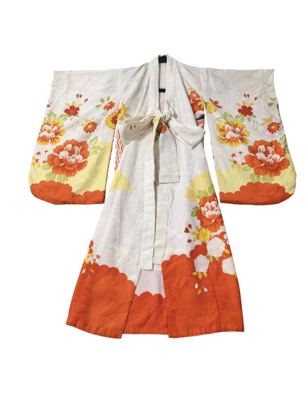 Vintage Japanese Girls‎ White Orange Floral Silk Kimono Robe w Obi Shichi-Go-San